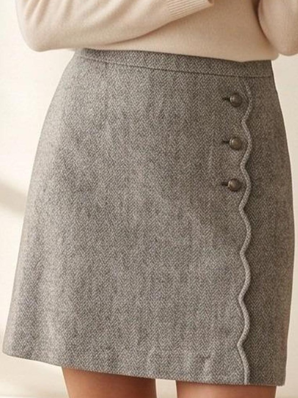 Talbots Gray Herringbone Scallop-Trim Mini Skirt 12P